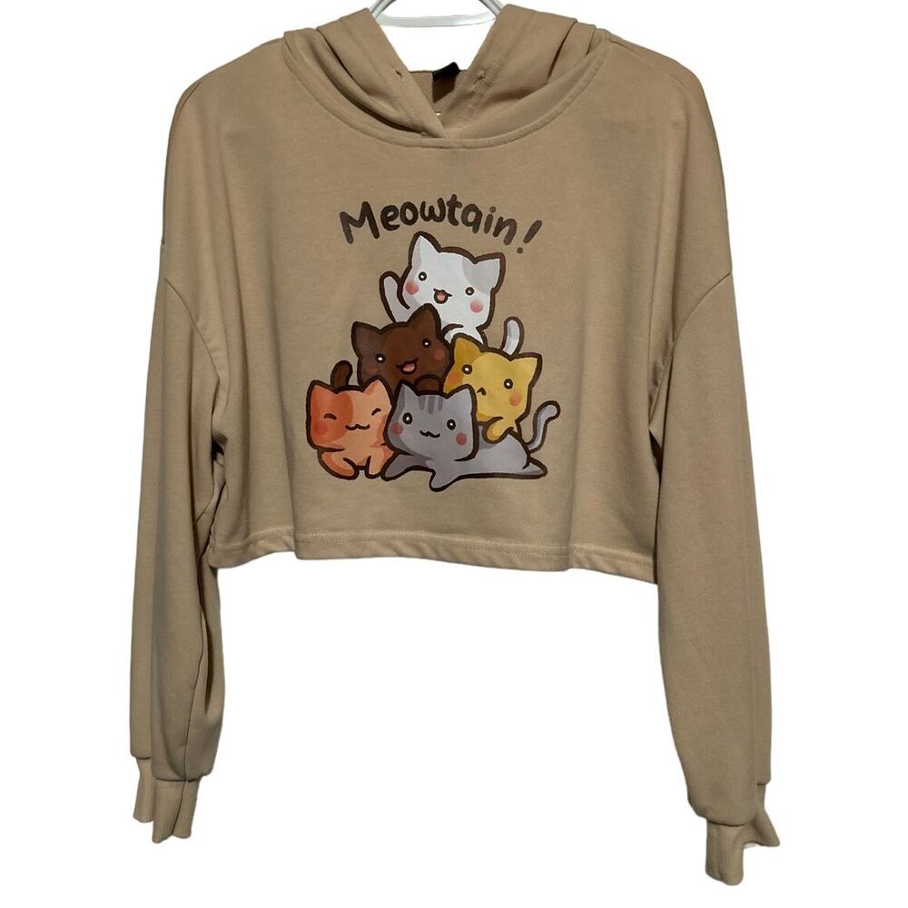 Shein‎ X Women's Tan Meowtain Cats Cropped Hoodie Size L